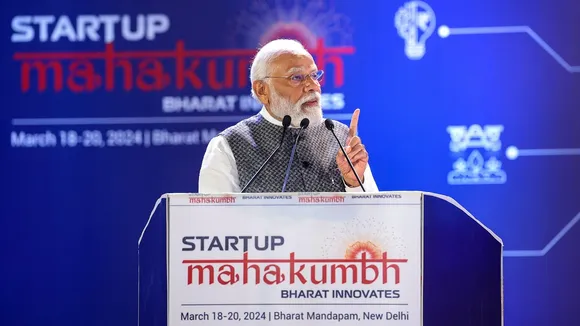 Prime Minister Narendra Modi addresses the 'Startup Mahakumbh' at the Bharat Mandapam, in New Delhi