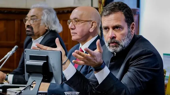 A file photo of Sam Pitroda (extreme left) with Rahul Gandhi in London