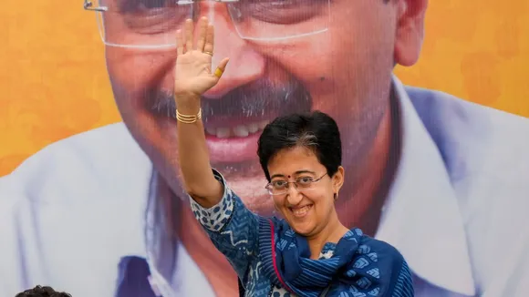Delhi minister Atishi during AAP workers' meeting, in New Delhi, Sunday, Sept. 15, 2024.