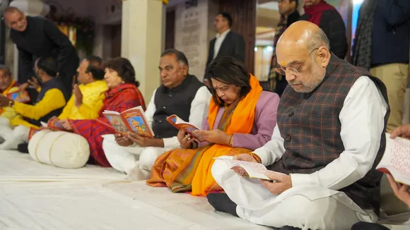 Union Home Minister Amit Shah with Union MoS for Culture Meenakashi Lekhi offers prayers at Laxmi Narayan Temple (Birla Mandir)