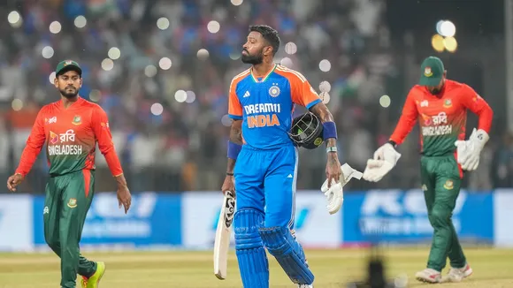 Hardik Pandya after winning the first T20 International cricket match between India and Bangladesh at Shrimant Madhavrao Scindia Cricket Stadium, in Gwalior, Sunday, Oct. 6, 2024. 
