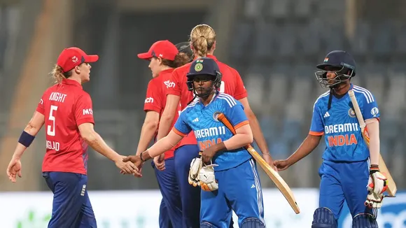 Players of India and England greet each other at the end of the 1st T20I cricket match between India and England, at Wankhede Stadium, in Mumbai, Wednesday, Dec. 6, 2023. England won the match by 38 runs.