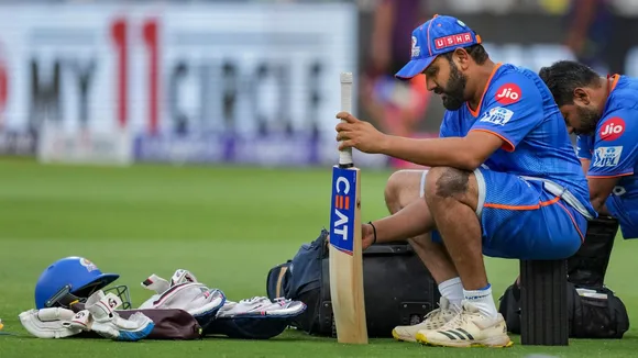 Mumbai Indians player Rohit Sharma during a practice session ahead of the Indian Premier League (IPL) T20 cricket match between Lucknow Super Giants and Mumbai Indians in Lucknow, Monday, April 29, 2024