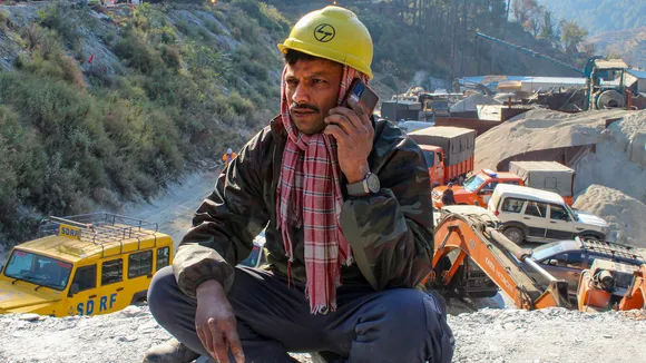A rescuer at the site after rescue operations to evacuate the 41 workers trapped in the under-construction tunnel between Silkyara and Dandalgaon on the Brahmakhal-Yamunotri national highway entered final stretch, in Uttarkashi district, Thursday, Nov. 23, 2023
