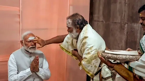 Prime Minister Narendra Modi visits Sri Raja Rajeshwara Swamy temple, in Karimnagar, Wednesday, May 8, 2024