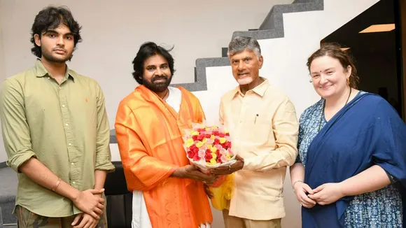 TDP chief N Chandrababu Naidu with Jana Sena Party President Pawan Kalyan and others after both the parties led the Lok Sabha elections, on Tuesday, June 4, 2024