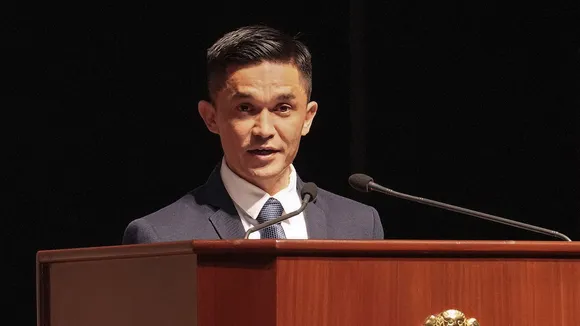 Footballer Sunil Chhetri addresses the flag-off ceremony of the Trophy Tour of the Durand Cup Tournament 2024, at the Rashtrapati Bhavan, in New Delhi, Wednesday, July 10, 2024.