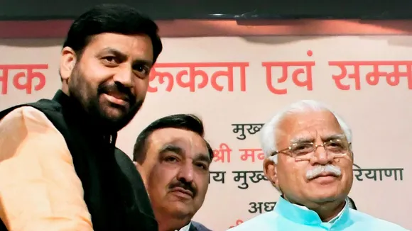 In this Dec. 30, 2017 file photo, Haryana Chief Minister Manohar Lal Khattar and Minister of State for Labour and Employment Nayab Singh Saini at an event in Karnal