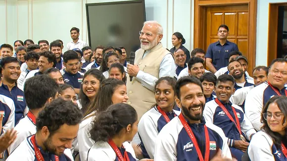 Prime Minister Narendra Modi during an interaction with India's Paris Paralympics contingent, in New Delhi, Thursday, Sept. 12, 2024.