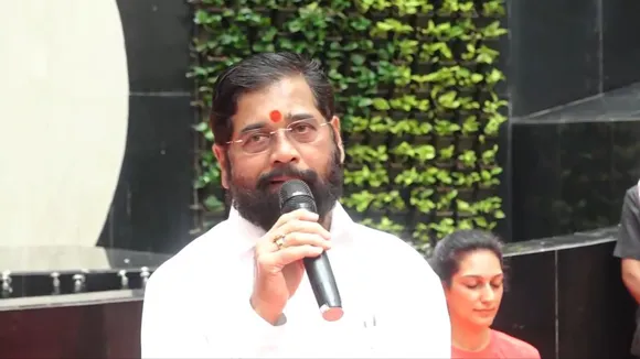 Maharashtra Chief Minister Eknath Shinde speaking at an event in the Marine Drive area here to mark the 10th International Yoga Day