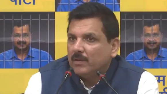 Senior AAP leader Sanjay Singh addressing a press conference 