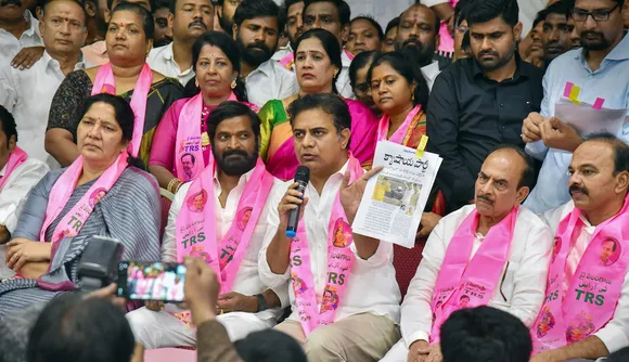 KT Rama Rao with supporters celebrate Munugode Assembly constituency by-election results