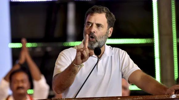 Congress leader Rahul Gandhi addresses a gathering during the 'Vijayabheri' public meeting, at Thukuguda on the outskirts of Hyderabad