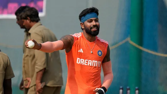 India's Hardik Pandya during a practice session ahead of their ICC Men’s Cricket World Cup 2023 match against Australia