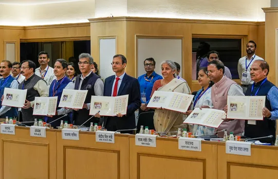 Union Finance Minister Nirmala Sitharaman with others during the 50th Goods and Services Tax (GST) Council Meeting at Vigyan Bhawan, in New Delhi