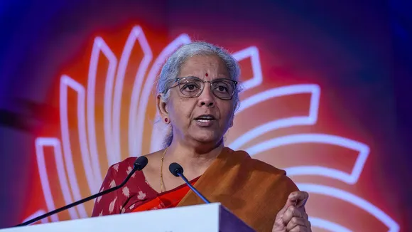 Union Finance Minister Nirmala Sitharaman addresses at a special plenary session at B20 Summit India 2023, in New Delhi