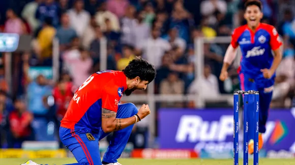 Delhi Capitals players celebrate the wicket of Gujarat Titans batter Rahul Tevatia on May 2