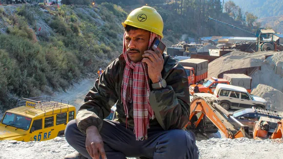 A rescuer at the site after rescue operations to evacuate the 41 workers trapped in the under-construction tunnel