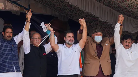 Leader of Opposition in Lok Sabha and Congress MP Rahul Gandhi with National Conference (NC) President Farooq Abdullah and other leaders of Congress and NC during a public meeting ahead of the Jammu and Kashmir Assembly elections, in Anantnag district, Wednesday, Sept. 4, 2024.