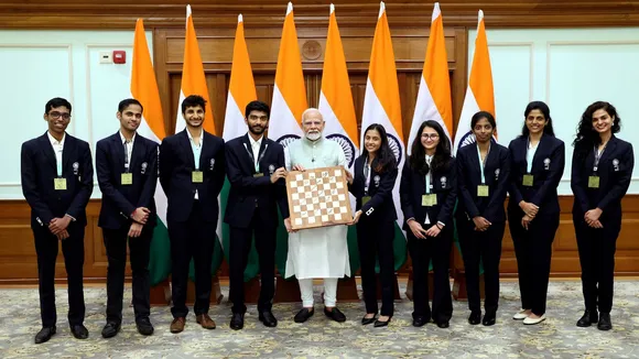 Prime Minister Narendra Modi during an interaction with 45th FIDE Chess Olympiad winning Indian teams, at his residence, in New Delhi, Wednesday, Sept. 25, 2024.