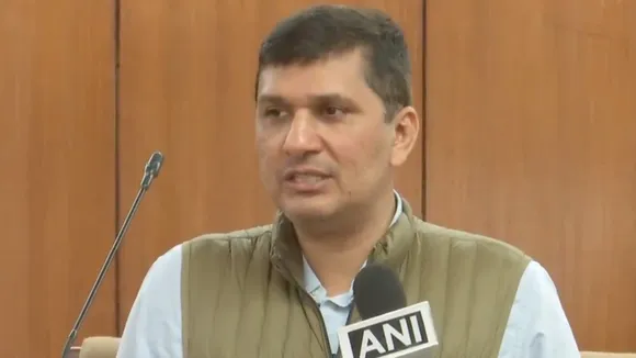 Delhi Cabinet Minister Saurabh Bharadwaj addressing a press conference