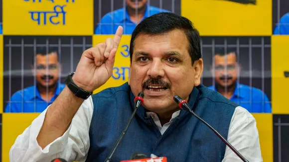AAP MP Sanjay Singh addresses a press conference, in New Delhi, Tuesday, April 16, 2024