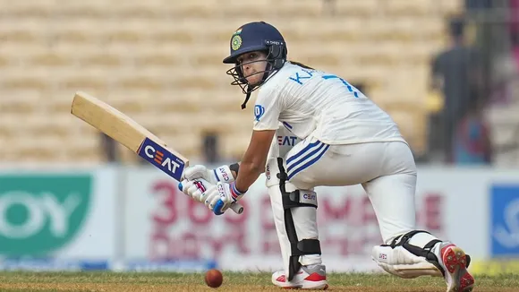 India Women's Harmanpreet Kaur plays a shot during the one-off test cricket match between India Women and South Africa Women, at MA Chidambaram Stadium, in Chennai