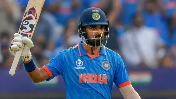 KL Rahul celebrates his fifty runs during the ICC Men’s Cricket World Cup 2023 final match between India and Australia, at the Narendra Modi Stadium, in Ahmedabad, Sunday, Nov. 19, 2023.