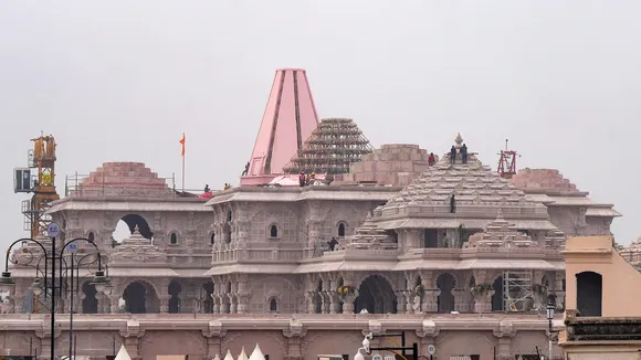 Construction work underway at the Shri Ram Janmabhoomi temple ahead of the consecration ceremony, in Ayodhya