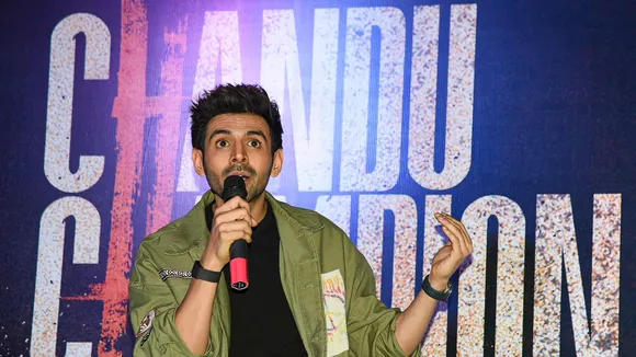 Actor Kartik Aaryan addresses a press conference during the promotion of his upcoming film 'Chandu Champion�' in Noida, Thursday, June 6, 2024.