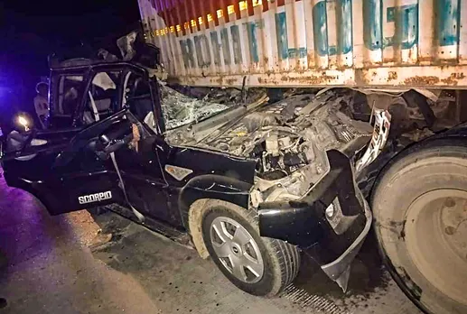 Mangled remains of a car is seen after an accident with a truck, at Sasaram, in Rohtas district
