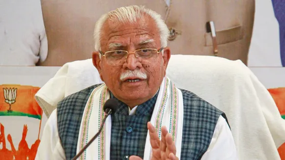 Former Haryana chief minister and BJP candidate from Karnal constituency Manohar Lal addresses a press conference at party office, in Gurugram, Tuesday, May 28, 2024