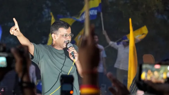 In this Friday, May 10, 2024 file image, Delhi Chief Minister Arvind Kejriwal addresses supporters outside Tihar Jail, in New Delhi.