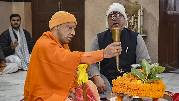 Uttar Pradesh Chief Minister Yogi Adityanath performs 'puja' at Gorakhnath temple, in Gorakhpur