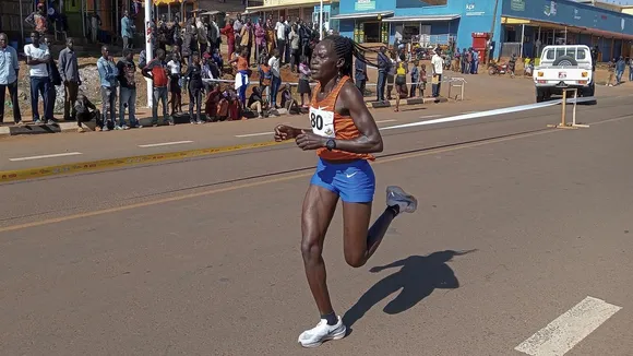 File picture of runner Rebecca Cheptegei at the Discovery 10km road race in Kapchorwa, Uganda, in 2023