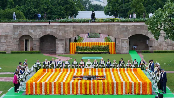 Prime Minister Narendra Modi and world leaders pay homage at Mahatma Gandhi's memorial Rajghat on the final day of the G20 Summit, in New Delhi, Sunday, Sept. 10, 2023