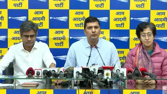 Delhi Ministers and AAP leaders Atishi and Saurabh Bharadwaj with AAP MP Sandeep Pathak during a press conference, in New Delhi