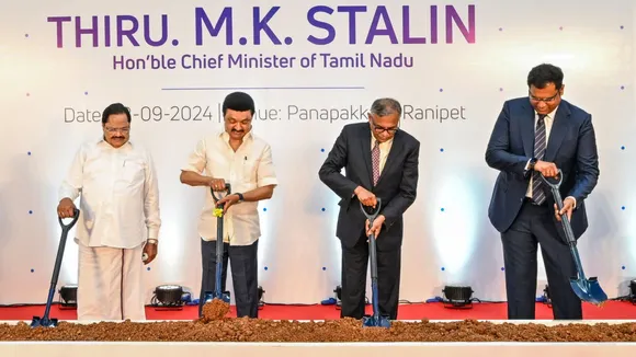 Tamil Nadu Chief minister M.K. Stalin with Tata Sons Chairman N. Chandrasekaran and other dignitaries during the foundation stone laying ceremony