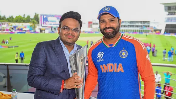 India's captain Rohit Sharma with BCCI Secretary Jay Shah after India defeated South Africa in the ICC Men's T20 World Cup final cricket match, at Kensington Oval, in Bridgetown, Barbados, Sunday, June 30, 2024.