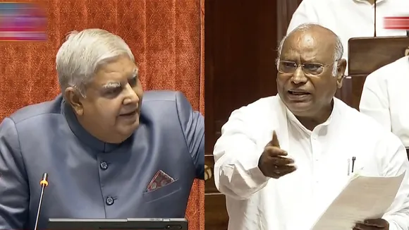 Rajya Sabha Chairman Jagdeep Dhankhar reacts as Leader of Opposition Mallikarjun Kharge speaks in the House during ongoing Parliament session, in New Delhi, Monday, July 1, 2024.