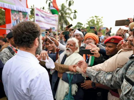 Congress leader Rahul Gandhi with supporters during the 'Bharat Jodo Nyay Yatra' at Rajgarh-Hollongi border