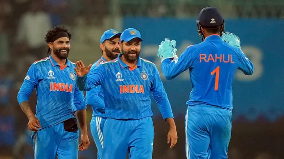 India's Ravindra Jadeja with KL Rahul and others celebrates the wicket of England's Chris Woakes during the ICC Men's Cricket World Cup 2023 match between India and England, at Bharat Ratna Shri Atal Bihari Vajpayee Ekana Cricket Stadium, in Lucknow, Sunday Oct. 29, 2023