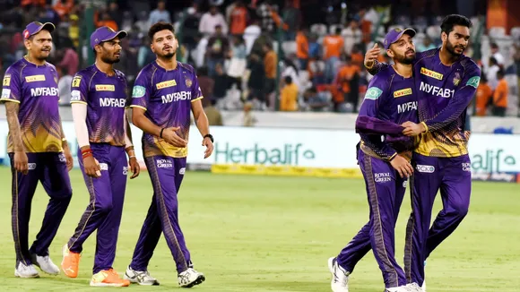 Kolkata Knight Riders players celebrate their victory over Sunrisers Hyderabad on May 4