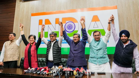 Saurabh Bharadwaj, Atishi Singh and Sandeep Pathak with Mukul Wasnik, Deepak Babaria and Arvinder Singh Lovely during a joint press conference, in New Delhi, Saturday, Feb. 24, 2024.