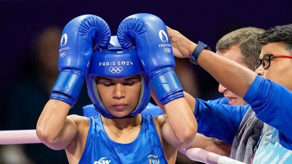India's Nikhat Zareen during Women's 50kg Boxing event at the Summer Olympics 2024, in Paris, France, Sunday, July 28, 2024.