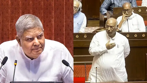 Rajya Sabha Chairman Jagdeep Dhankhar listens as Congress President Mallikarjun Kharge speaks during the Monsoon session of Parliament, in New Delhi, Wednesday, Aug. 7, 2024.