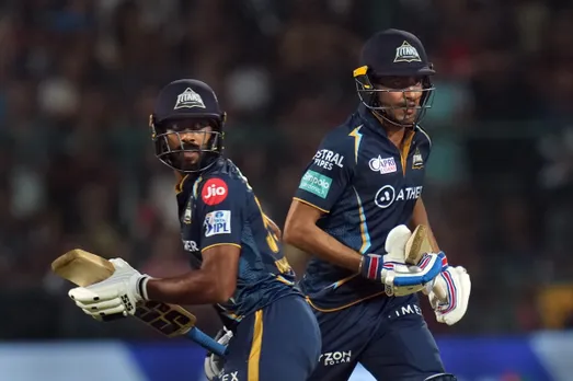 Gujarat Titans batters Shubman Gill and Vijay Shankar run between the wickets during the IPL 2023 cricket match