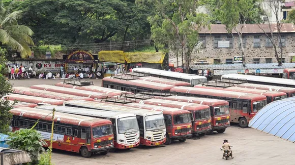 Buses stand parked at a depot during a strike called by Maharashtra State Road Transport Corporation (MSRTC) employees, in Karad, Tuesday, Sept. 3, 2024.