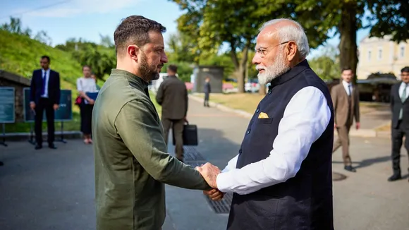Prime Minister Narendra Modi being greeted by the Ukrainian President Volodymyr Zelenskyy during a visit to Martyrologist Exposition to honour the memory of children, in Kyiv, Ukraine.