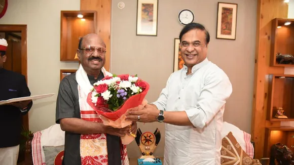 West Bengal Governor C. V. Ananda Bose being greeted by Assam Chief Minister Himanta Biswa Sarma during a meeting, in Guwahati.